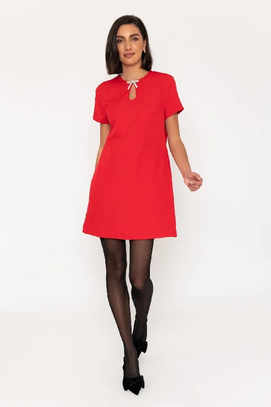 Short Sleeve Diamante Bow Mini Dress in Red