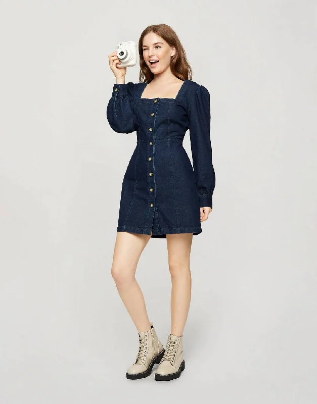 Square Neck Denim Dress Blue