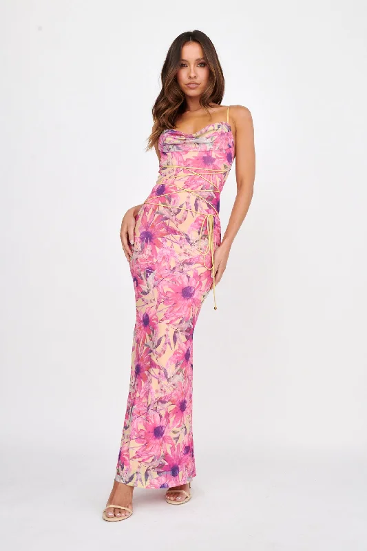 Teava Laced Waist Maxi Dress Flower Pink