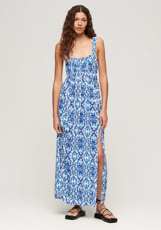 Superdry Tie Back Print Maxi Dress, Tile Print Blue