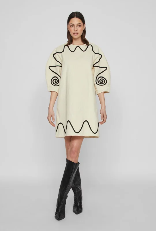 Vila Sada Embroidered Cotton Mini Dress, Cloud Dancer