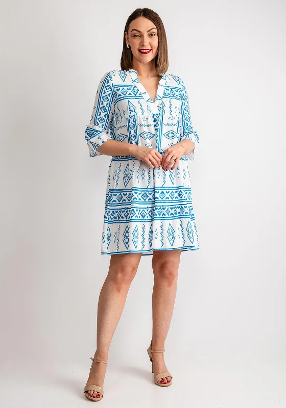 Vero Moda Dicthe Printed Tunic Smock Mini Dress, Snow White & Blue