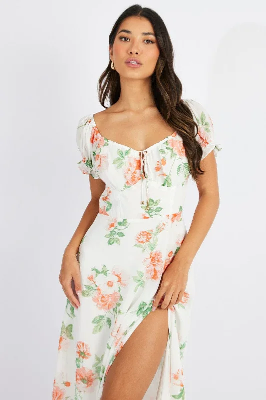 White Floral Maxi dress Puff Sleeve