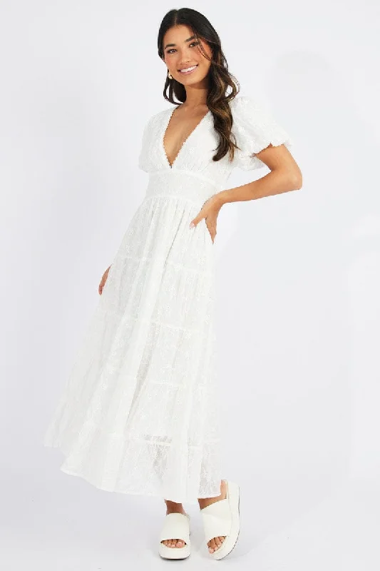 White Maxi Dress Short Sleeve Tiered Lace