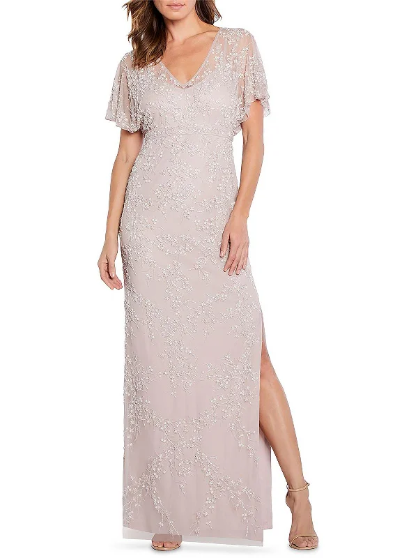 Womens Beaded V-neck Evening Dress