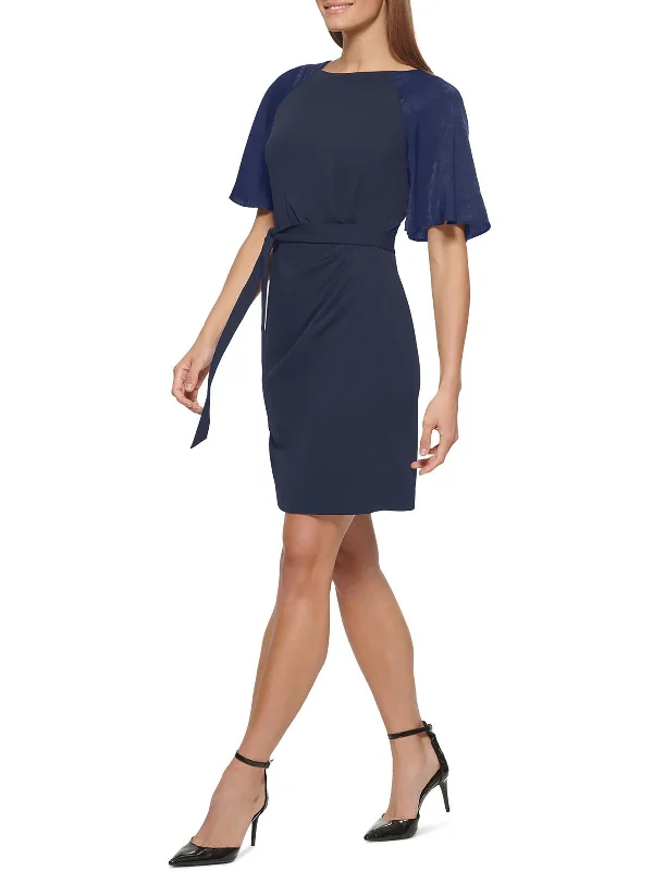 Womens Belted Above Knee Sheath Dress