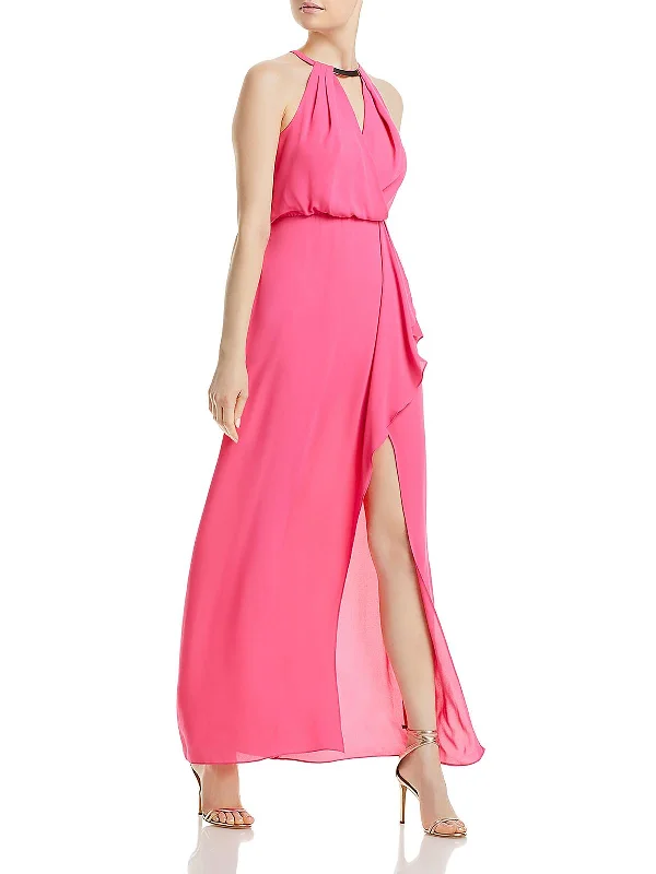 Womens Halter Cascade Ruffle Evening Dress