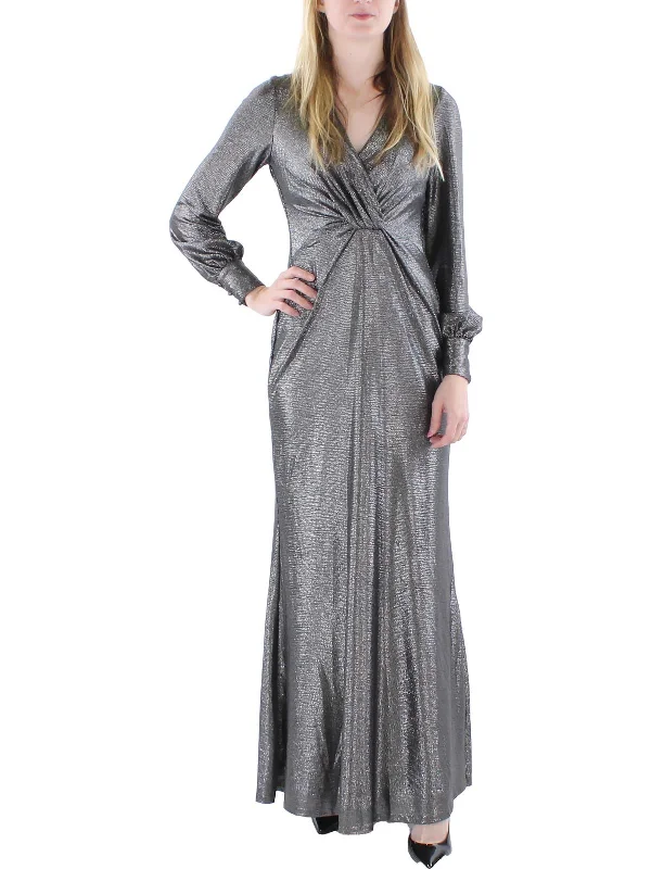 Womens Metallic Surplice Evening Dress