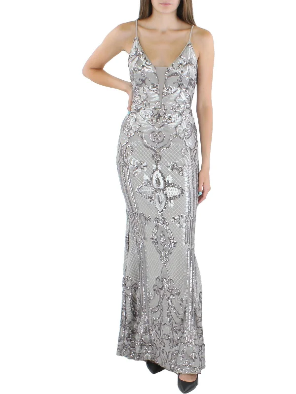 Womens Sequined Illusion Evening Dress