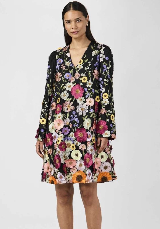 Y.A.S Flowering Embroidered V Neck Mini Dress, Black