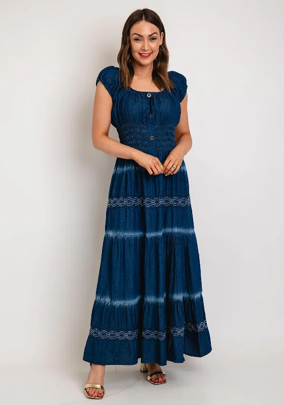 Serafina Collection One Size Shirred Waist Maxi Denim Dress, Dark Denim