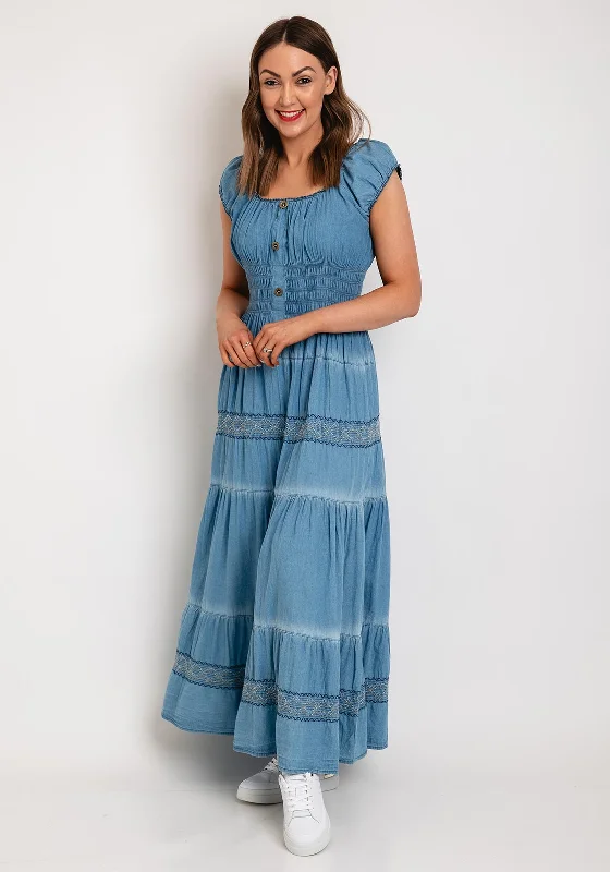 Serafina Collection One Size Shirred Waist Maxi Denim Dress, Light Denim