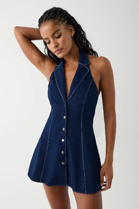 Moonlight Denim Halter Dress - Blue Denim