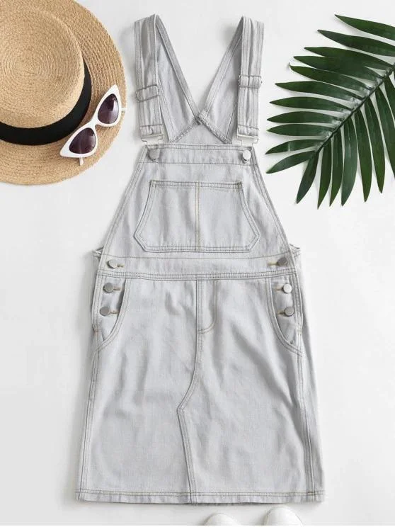 Casual Denim Pockets Overalls Dress