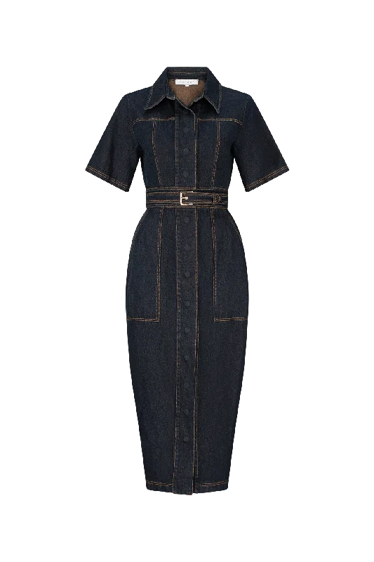 CURAAE Elysia Midi Shirt Belt Denim Dress In Ink