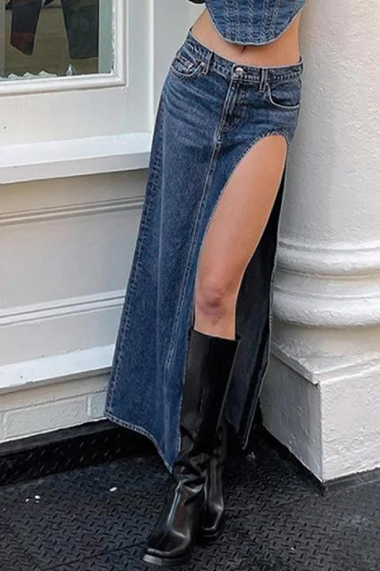 High Waist High Slit Denim Skirt