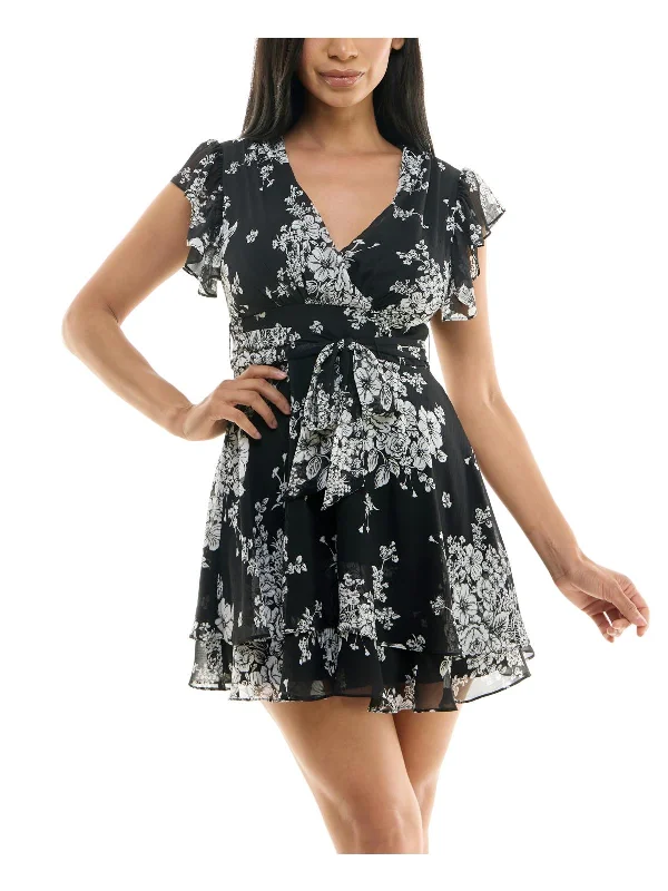 Juniors Womens Floral Print Polyester Fit & Flare Dress