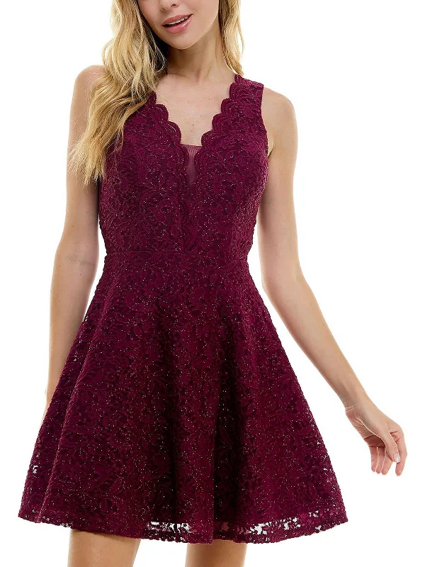 Juniors Womens Lace Glitter Fit & Flare Dress