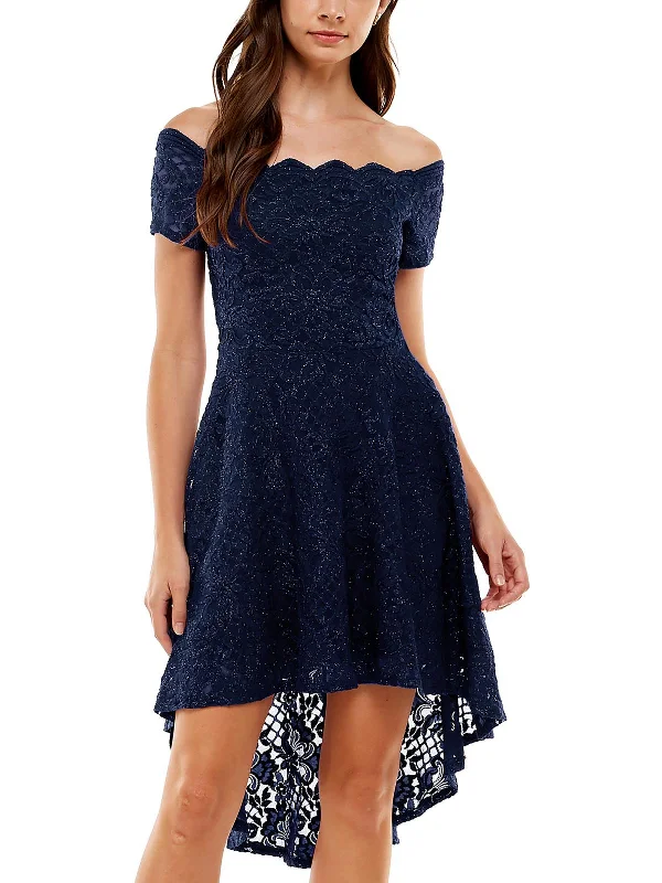 Juniors Womens Lace Overlay Knee Length Fit & Flare Dress