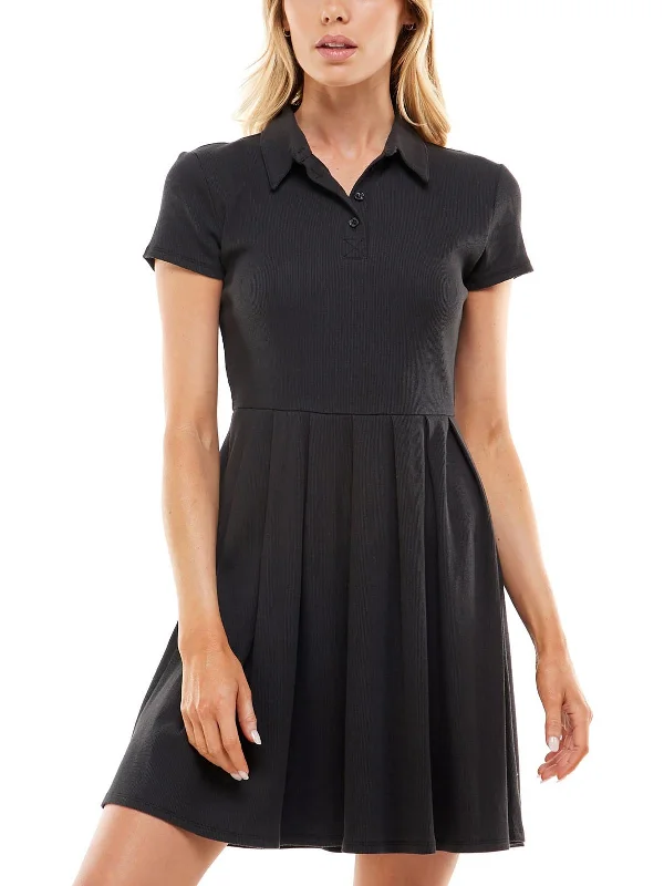 Juniors Womens Rib-Knit Short Sleeves Fit & Flare Dress