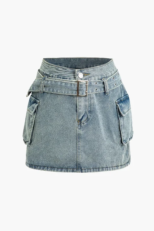 Pocket Belted Denim Skirt