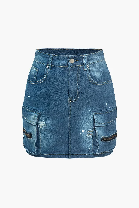 Distressed Flap Pocket Denim Skirt