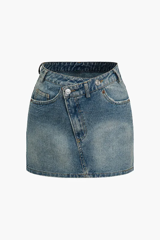 Solid Washed Pocket Zipper Denim Skirt