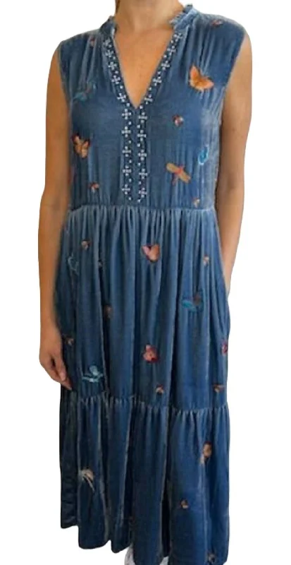 Monarca Velvet Ruffle Nect Tank Dress In Denim Indigo