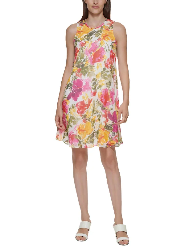 Petites Womens Chiffon Floral Sheath Dress