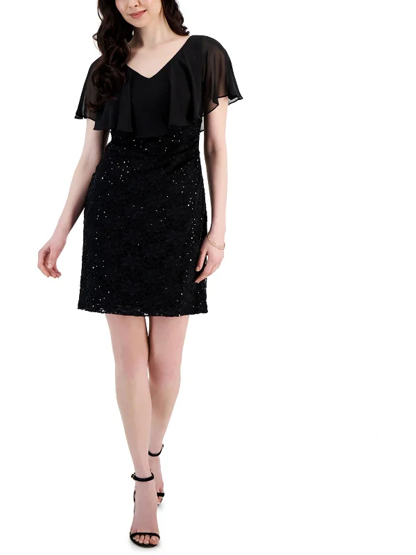 Petites Womens Chiffon Overlay Lace Sheath Dress