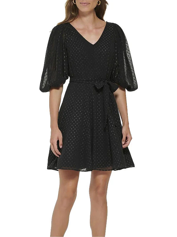 Petites Womens Cocktail Mini Fit & Flare Dress