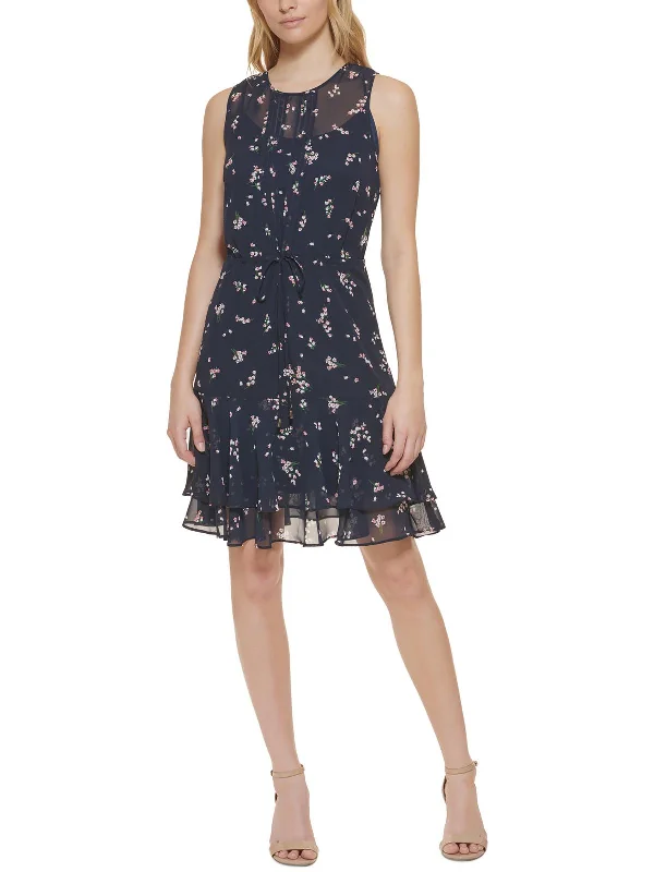 Petites Womens Floral Mini Fit & Flare Dress