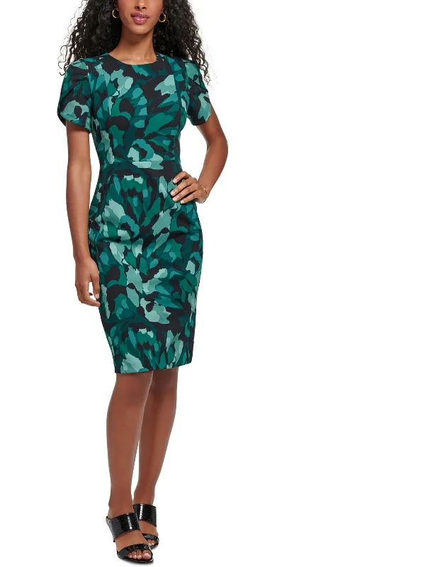 Petites Womens Printed Knee Sheath Dress