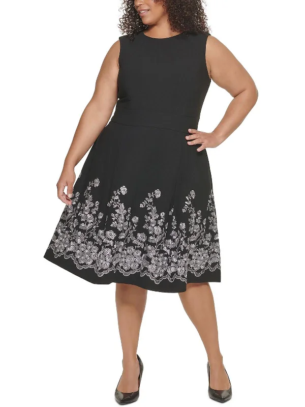 Plus Womens Embroidered Midi Fit & Flare Dress