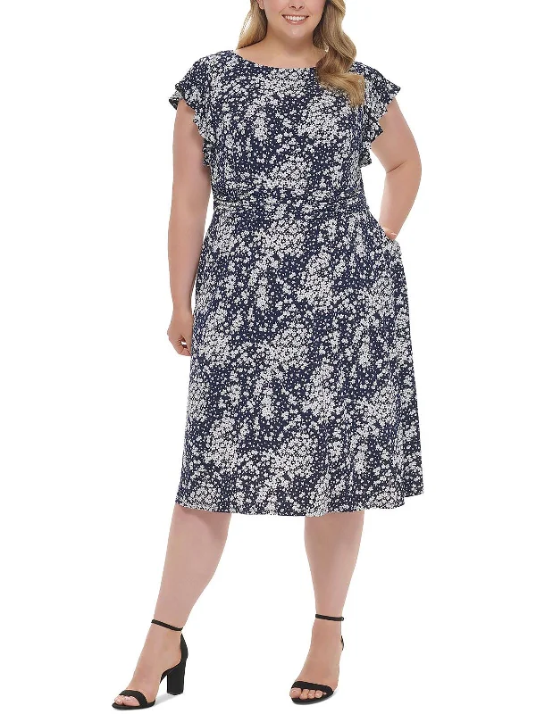 Plus Womens Floral Print Mid Calf Fit & Flare Dress