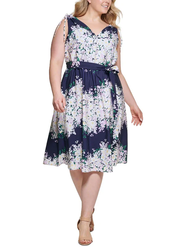 Plus Womens Floral Print Midi Fit & Flare Dress