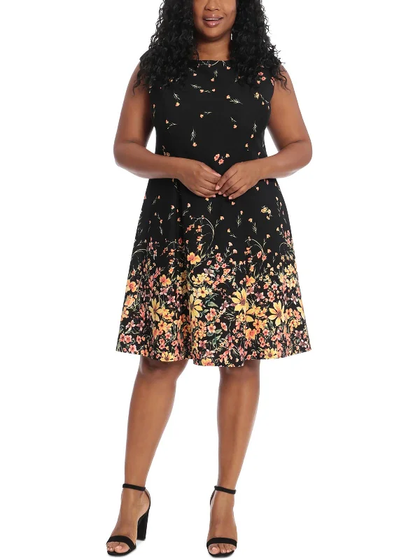 Plus Womens Printed Cap Sleeves Fit & Flare Dress