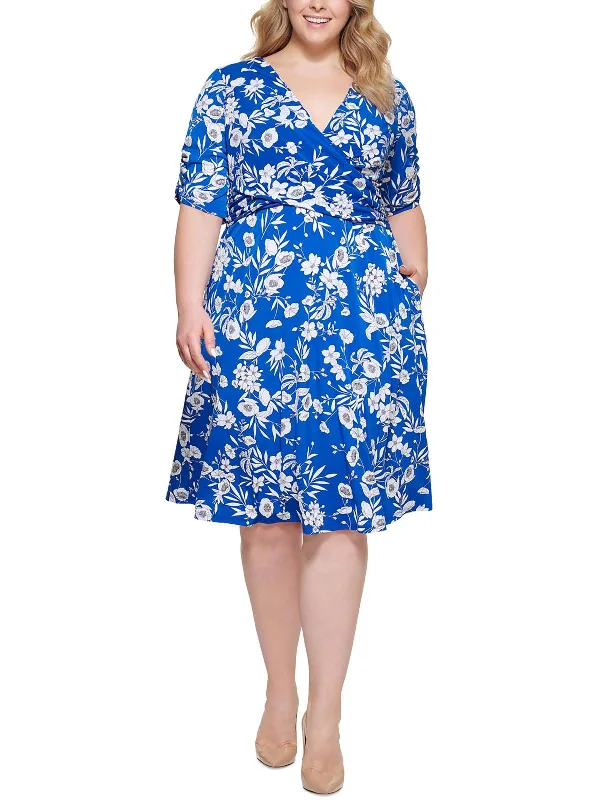 Plus Womens Printed Surplice Fit & Flare Dress