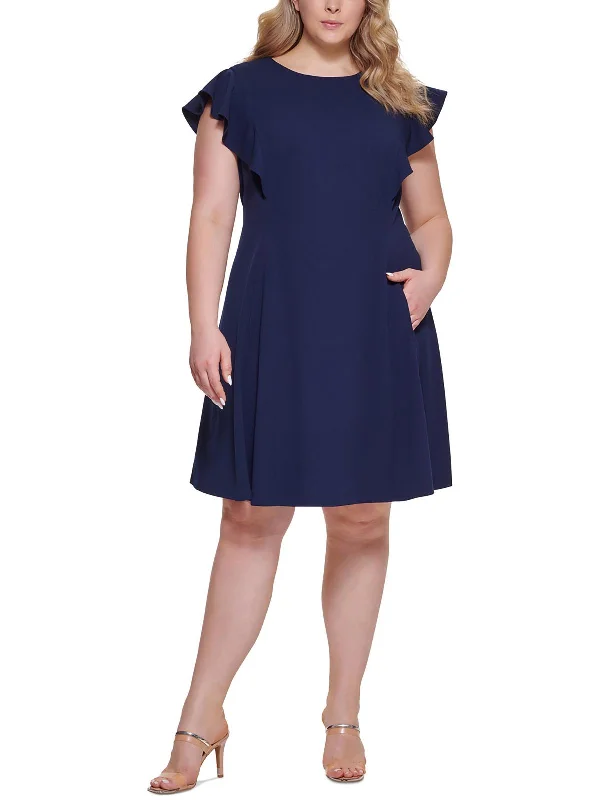 Plus Womens Solid Crepe Fit & Flare Dress