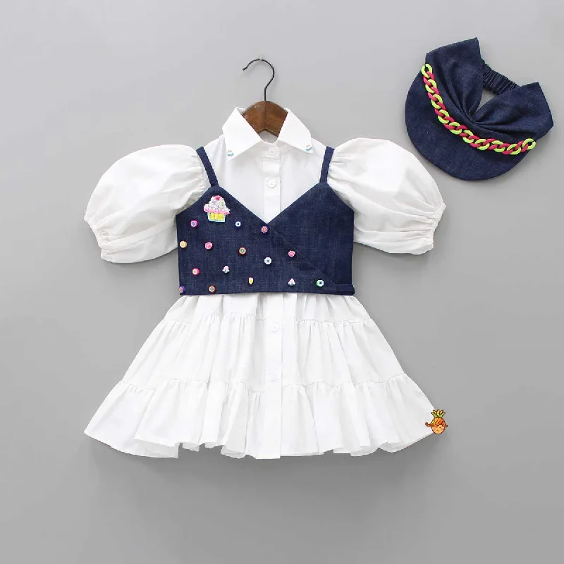 Pre Order: White Shirt Style Tiered Dress With Denim Top And Cap