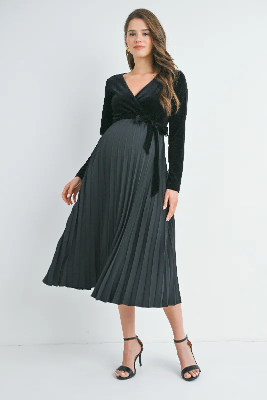 V Neck Wrap Pleated Maternity Dress