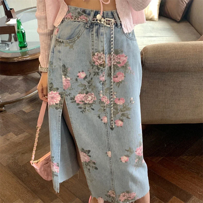 KittenAlarm - Vintage Flowers Sexy Open Long Denim Skirts