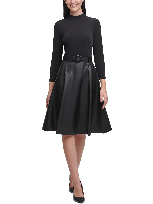 Womens Faux Leather Mock-Neck Fit & Flare Dress