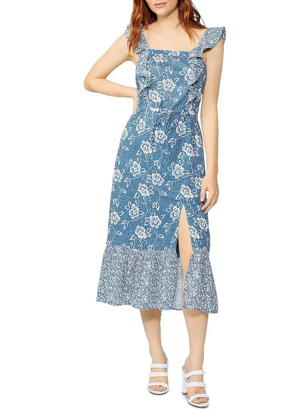 Womens Floral Print Tea-Length Fit & Flare Dress