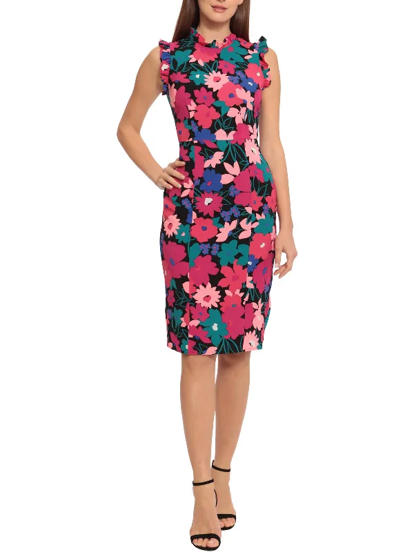 Womens Floral Ruffled Sheath Dress