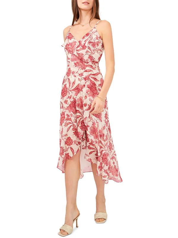 Womens Floral Wrap Midi Fit & Flare Dress