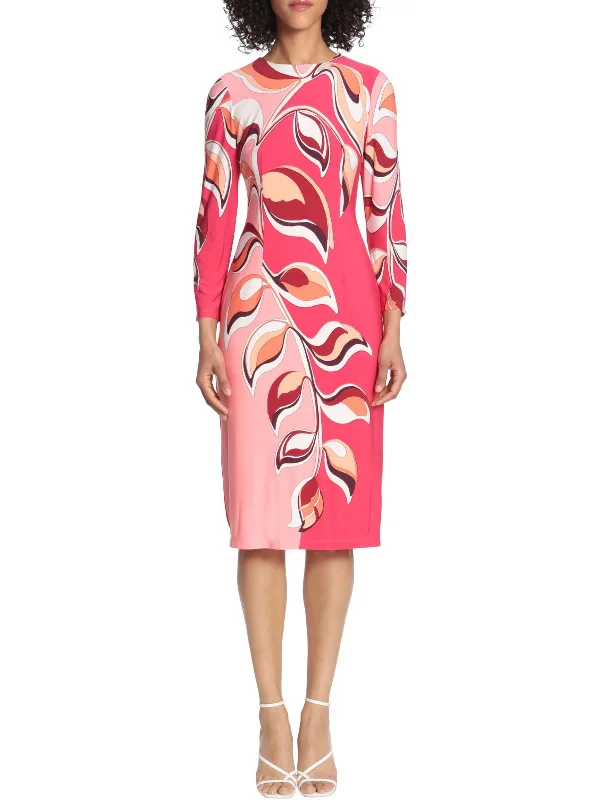 Womens Printed Mid Calf Sheath Dress