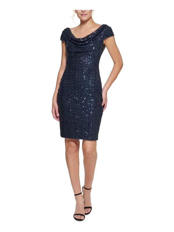 Womens Sequined Draped Neck Sheath Dress