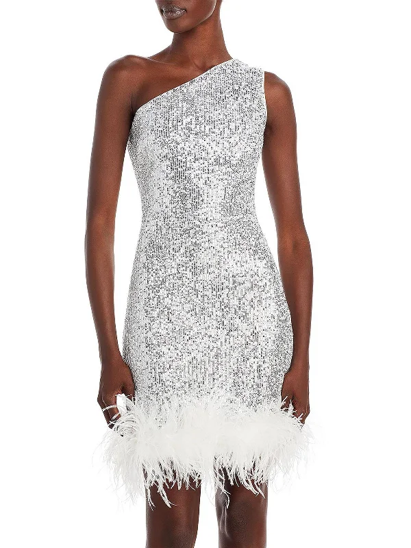 Womens Sequined Feather Trim Fit & Flare Dress