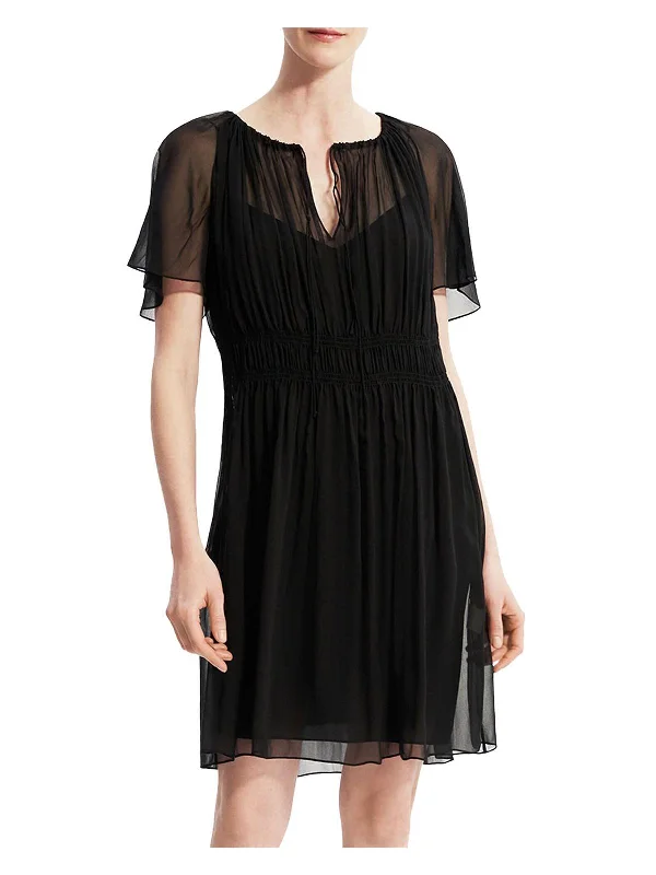 Womens Silk Tie Neck Fit & Flare Dress